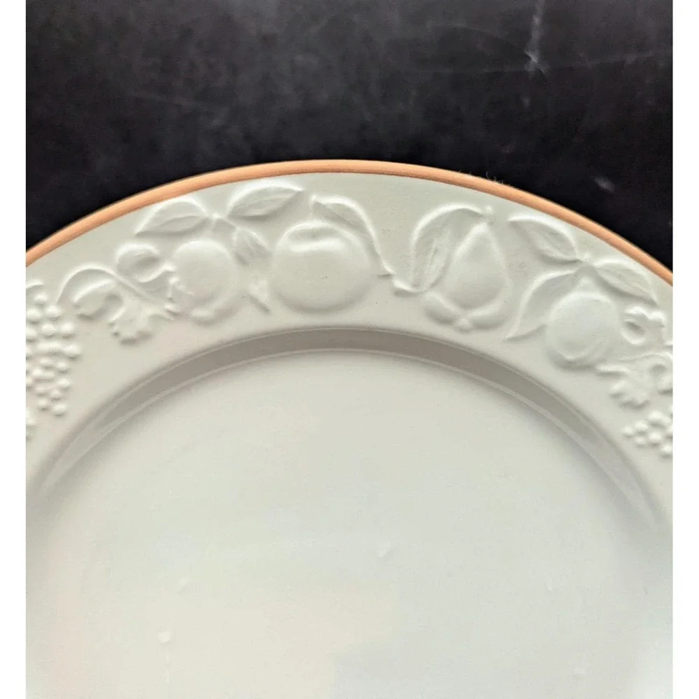 Set/4 Pier 1 Italian Pottery White Embossed Fruit Terra Cotta Edge Dinner Plate